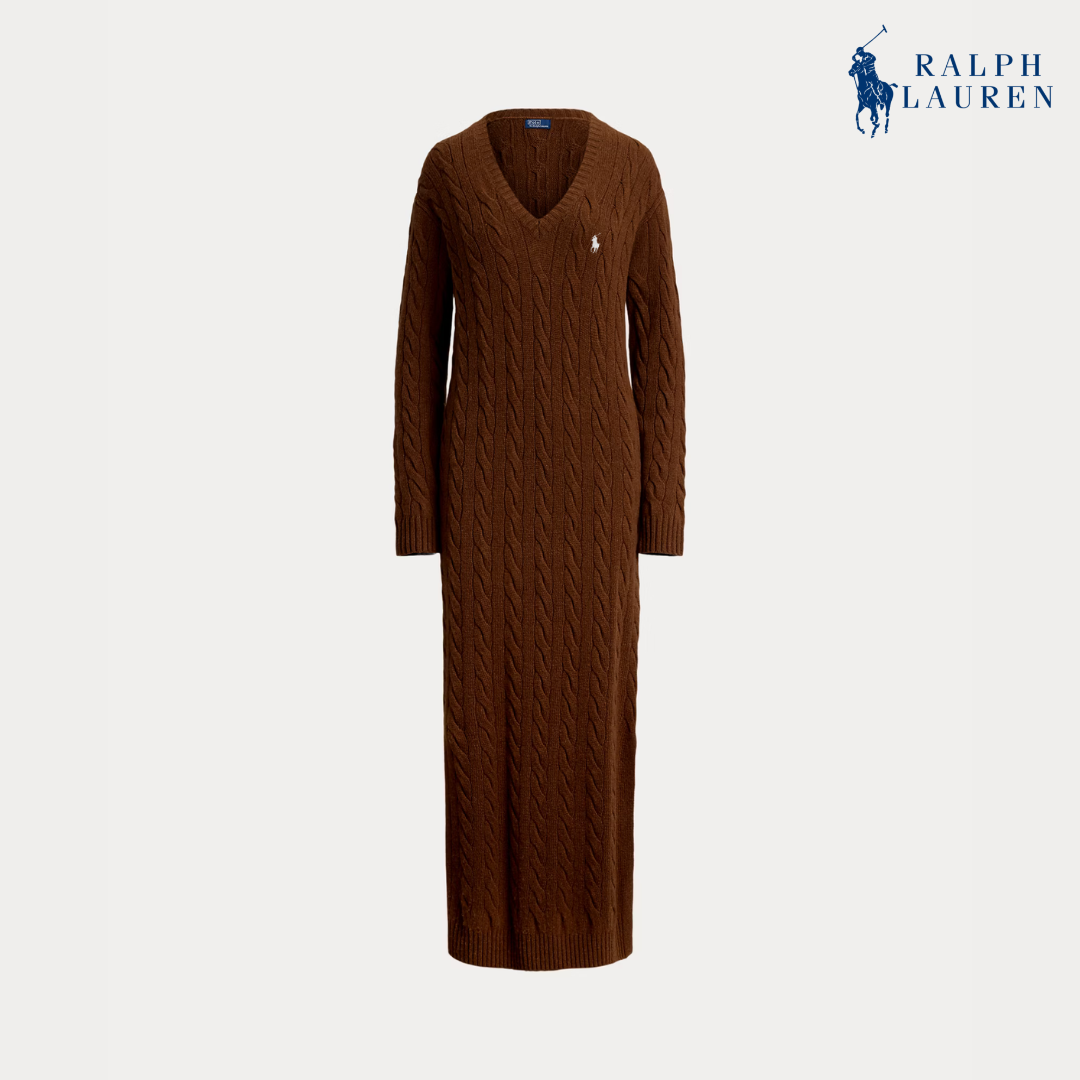 Zopfmuster-Strickkleid mit V-Ausschnitt