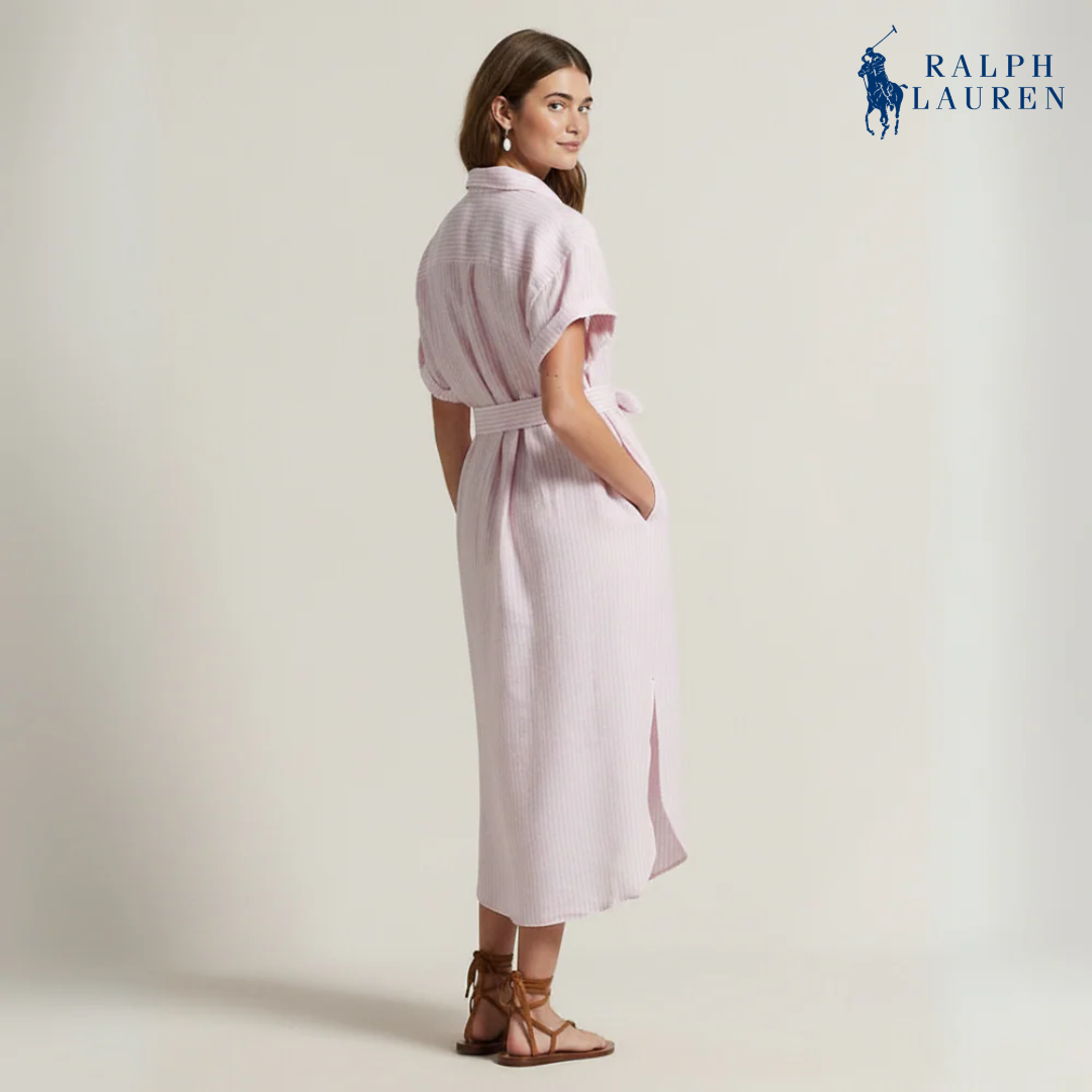 Gestreiftes Leinenhemdkleid mit kurzen Ärmeln