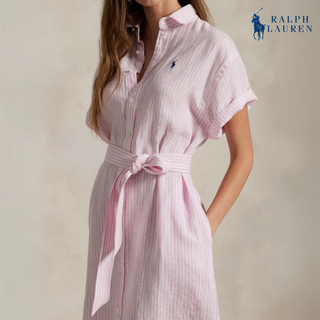 Gestreiftes Leinenhemdkleid mit kurzen Ärmeln