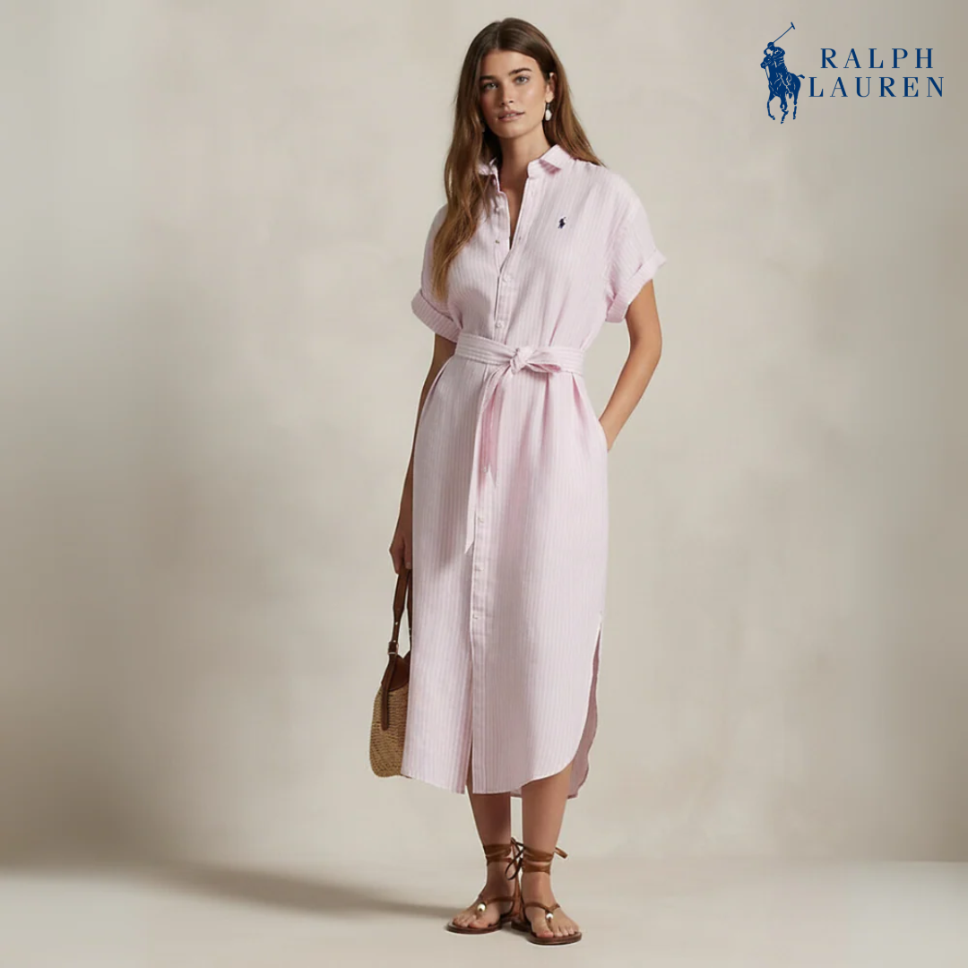 Gestreiftes Leinenhemdkleid mit kurzen Ärmeln