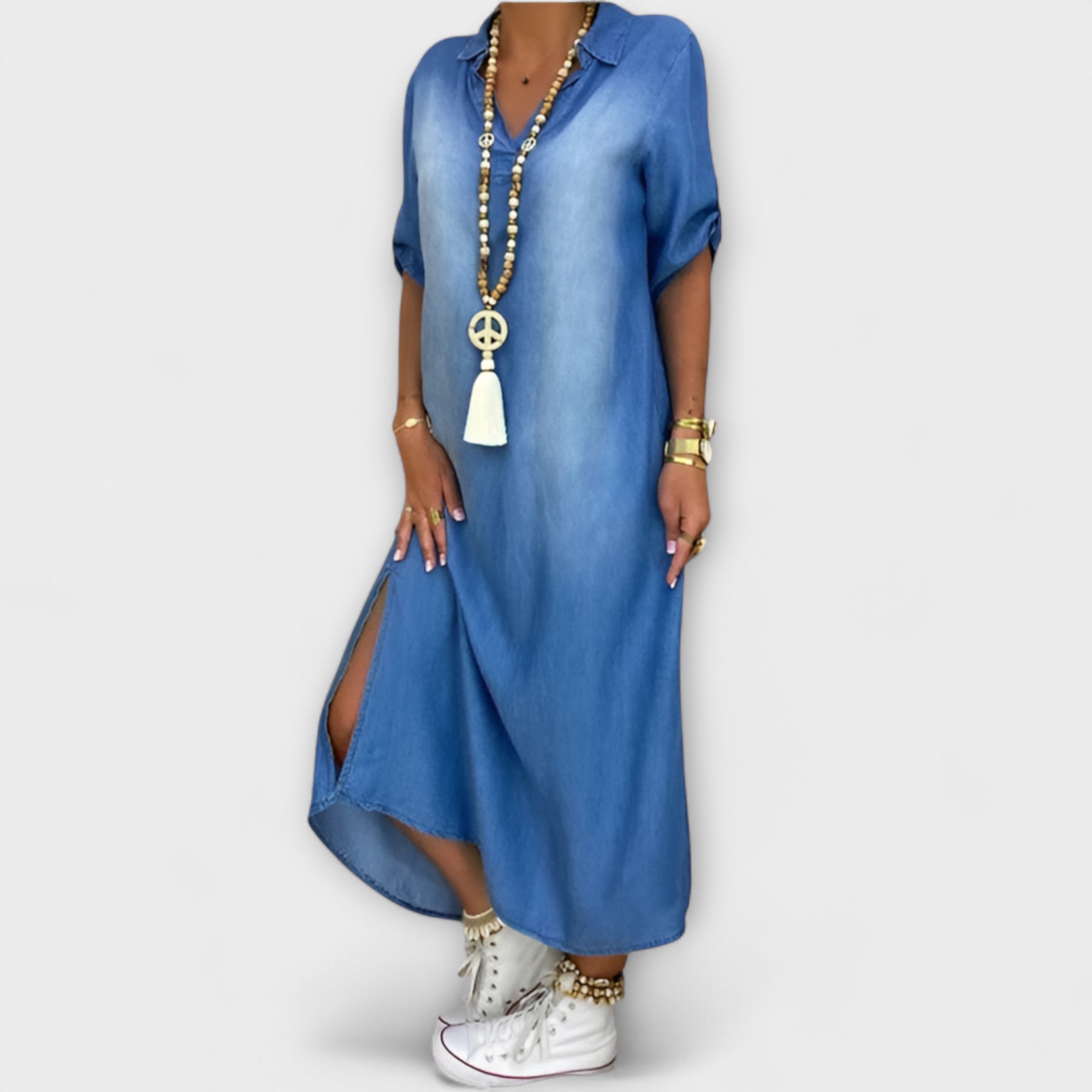 Lea - Langes Denim-Look Kleid mit Seitenschlitz