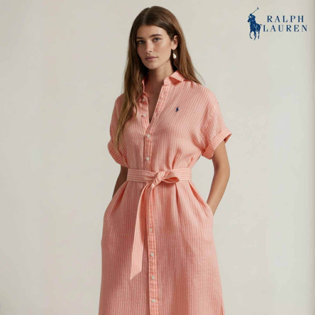 Gestreiftes Leinenhemdkleid mit kurzen Ärmeln