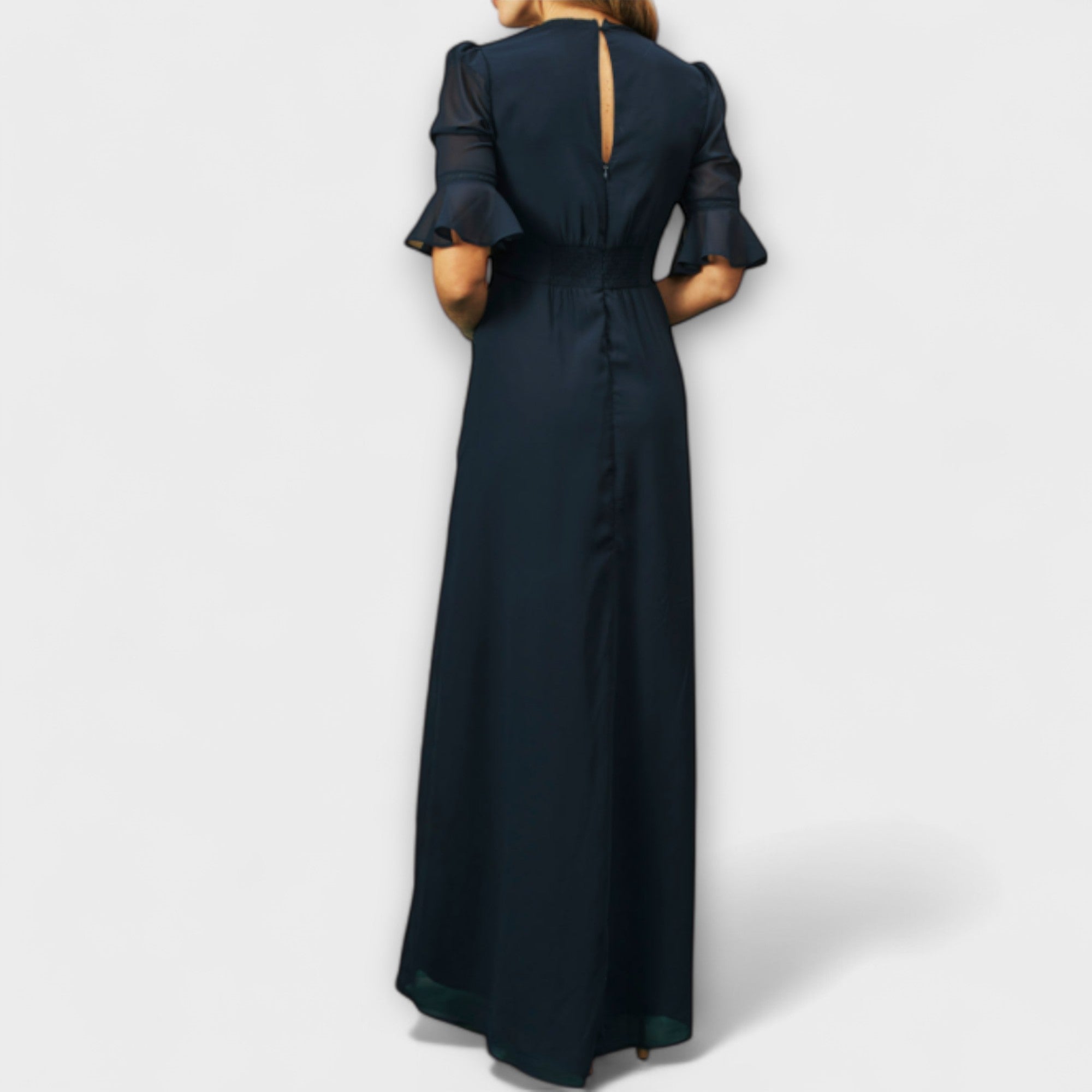 Beatrice - Elegantes Navy Blaues Kleid mit Floralstickerei