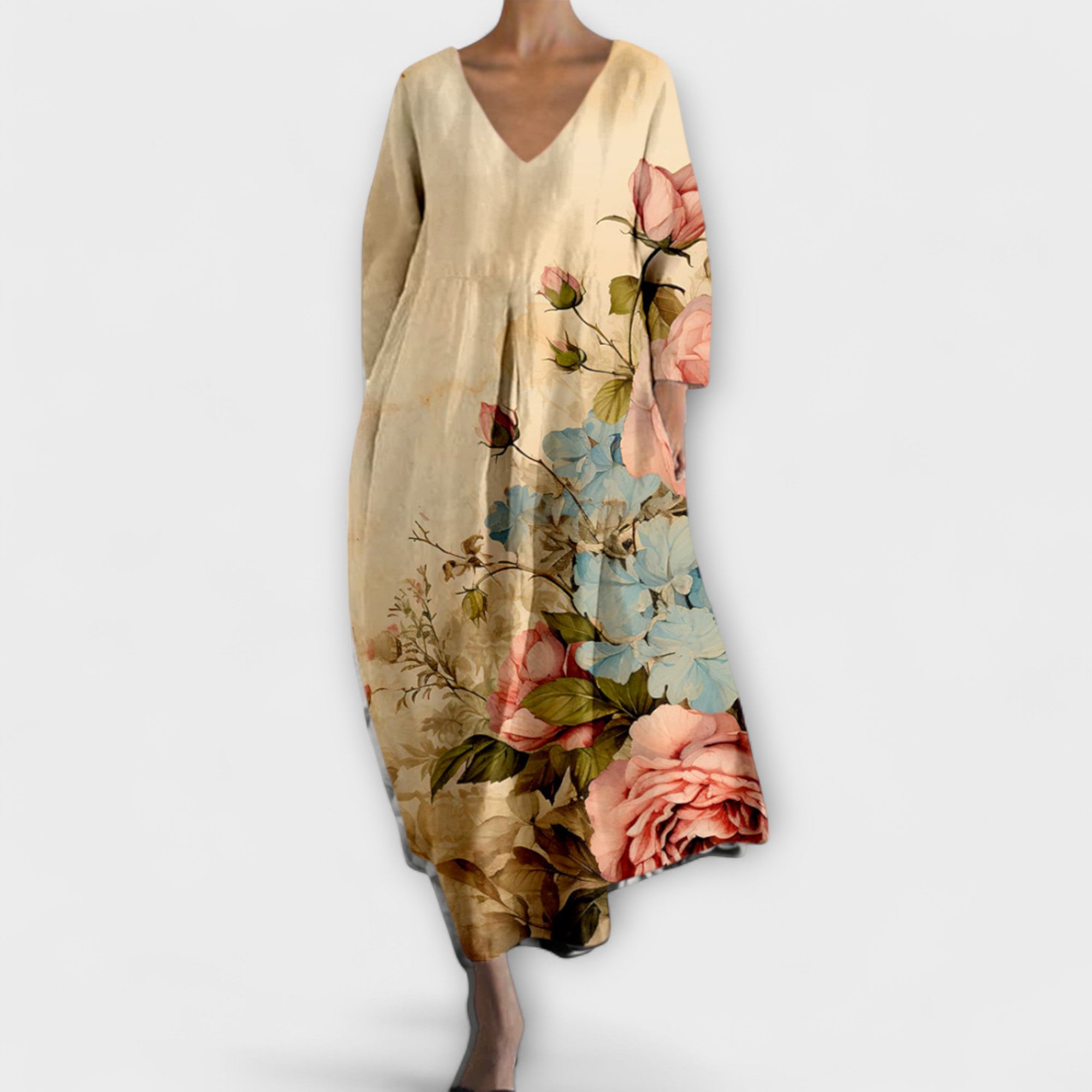 Fiona - Langes, Farbiges Kleid mit V-Ausschnitt