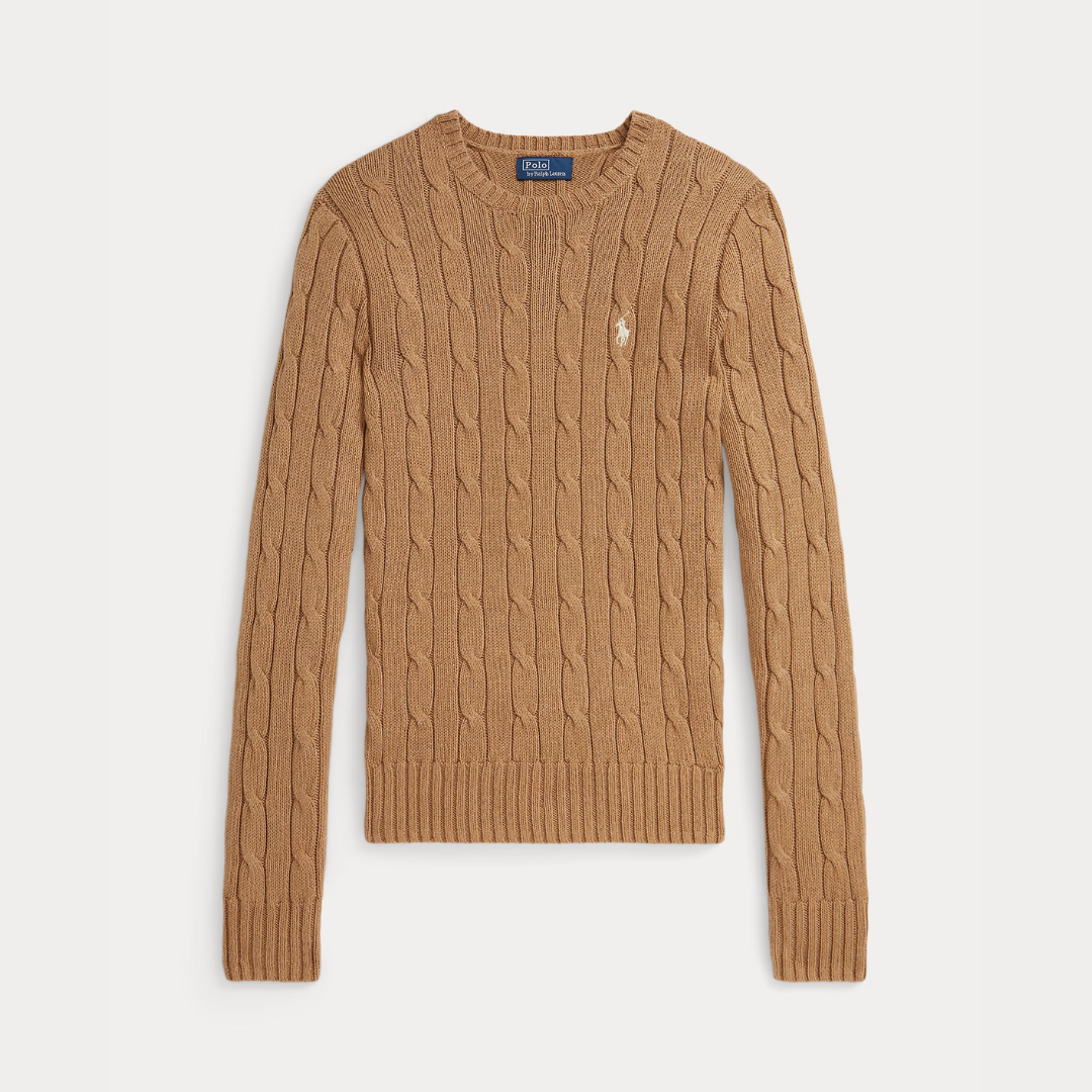 Zopfmuster-Baumwollpullover mit Rundhalsausschnitt