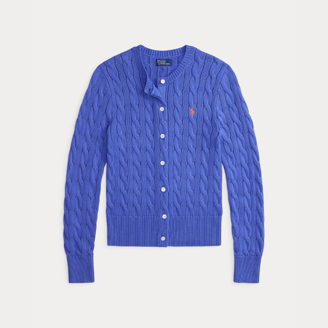 Zopfmuster-Baumwoll-Cardigan mit Rundhalsausschnitt