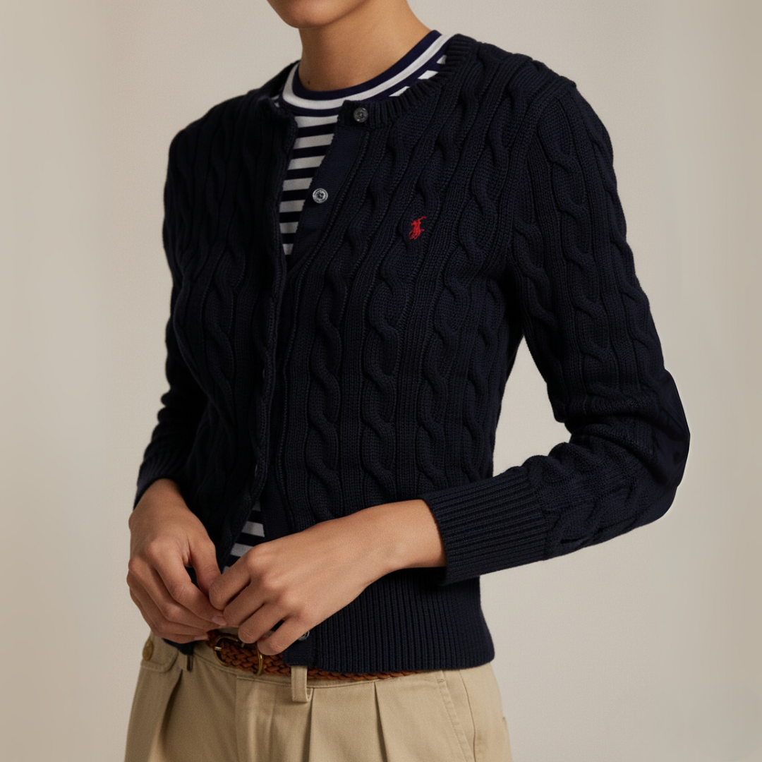 Zopfmuster-Baumwoll-Cardigan mit Rundhalsausschnitt