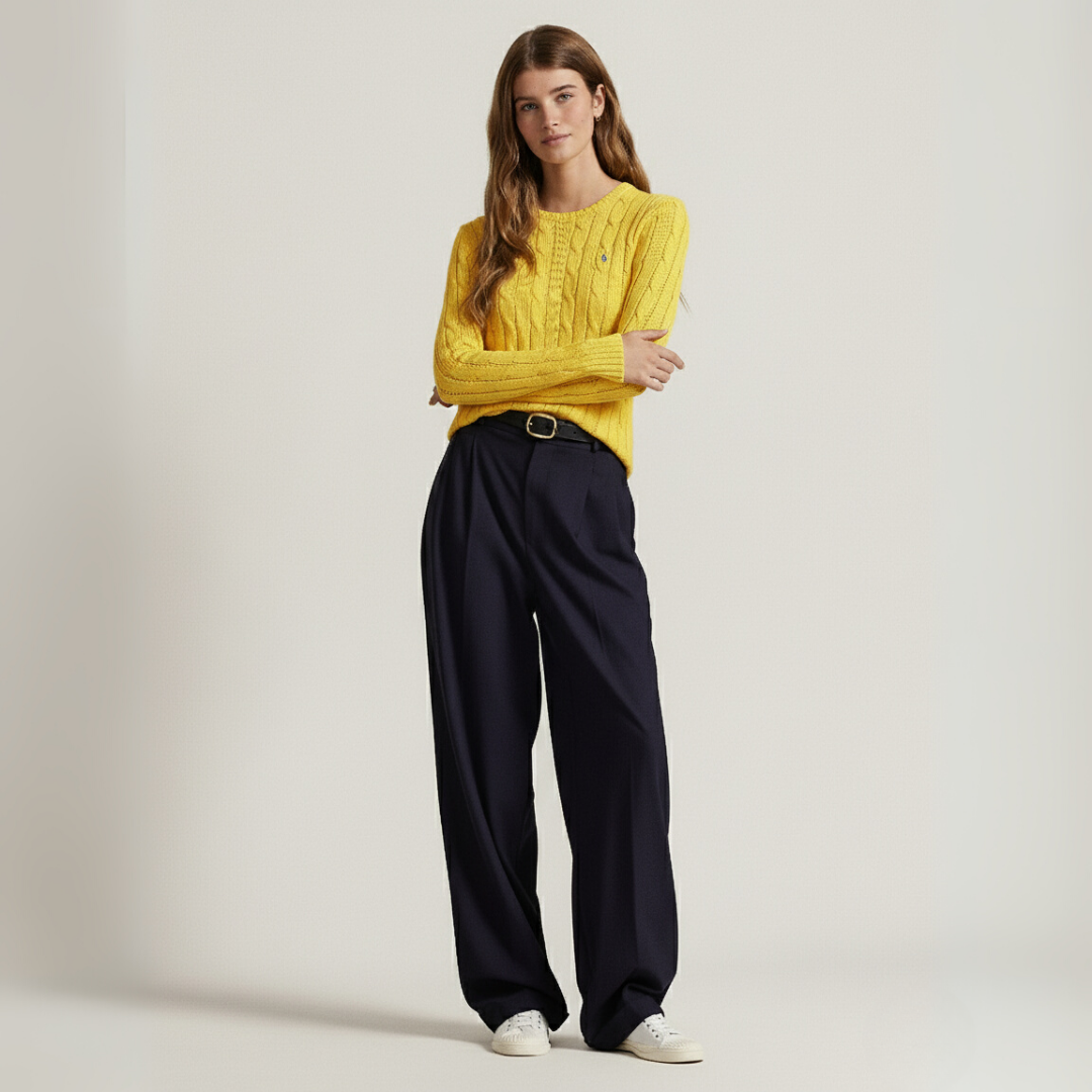 Zopfmuster-Baumwollpullover mit Rundhalsausschnitt