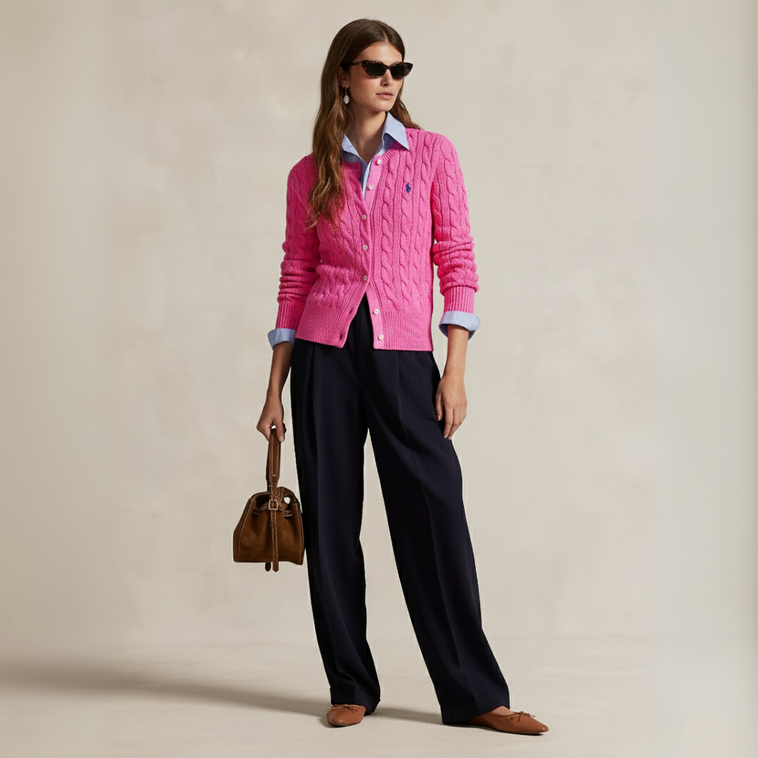 Zopfmuster-Baumwoll-Cardigan mit Rundhalsausschnitt