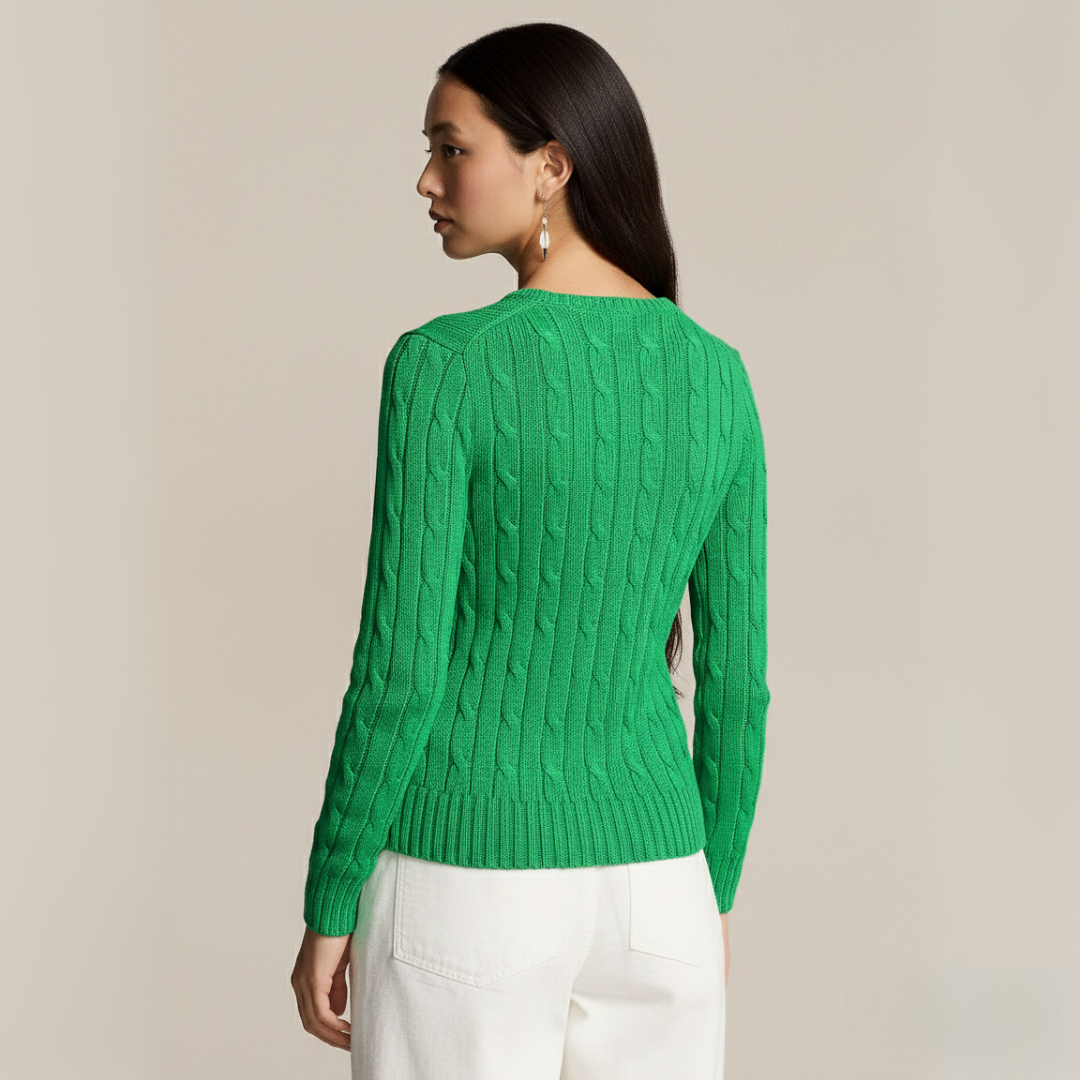 Zopfmuster-Baumwollpullover mit Rundhalsausschnitt