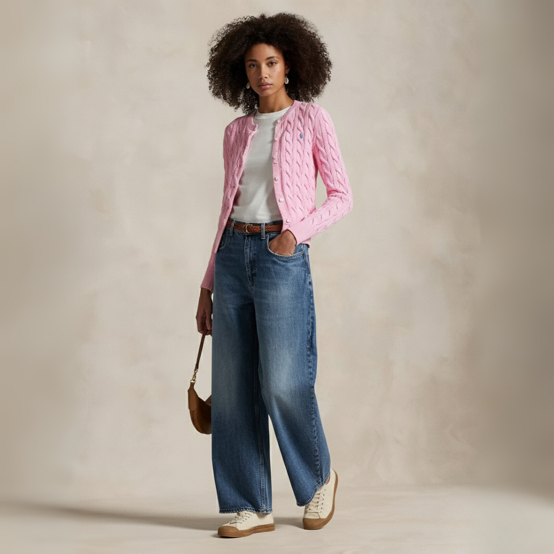 Zopfmuster-Baumwoll-Cardigan mit Rundhalsausschnitt