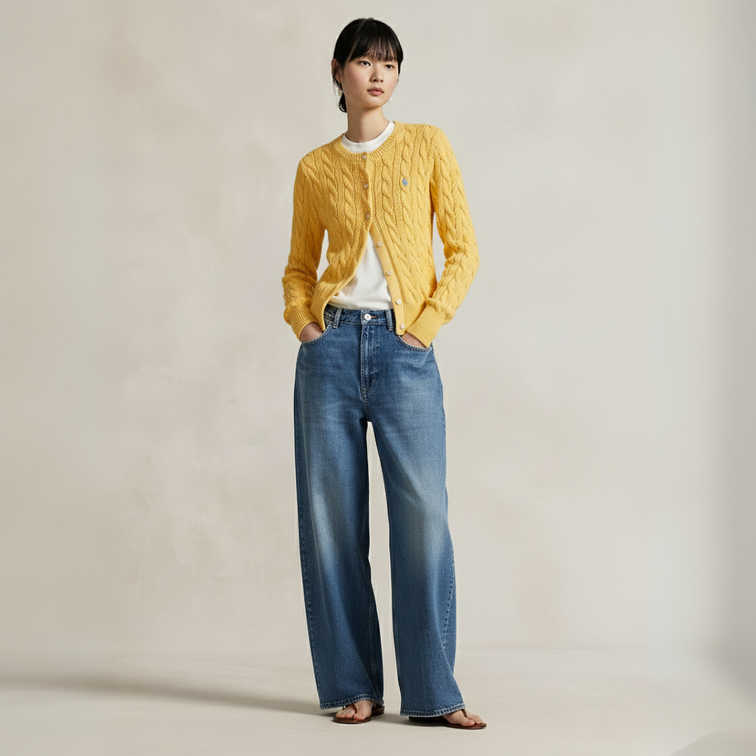 Zopfmuster-Baumwoll-Cardigan mit Rundhalsausschnitt