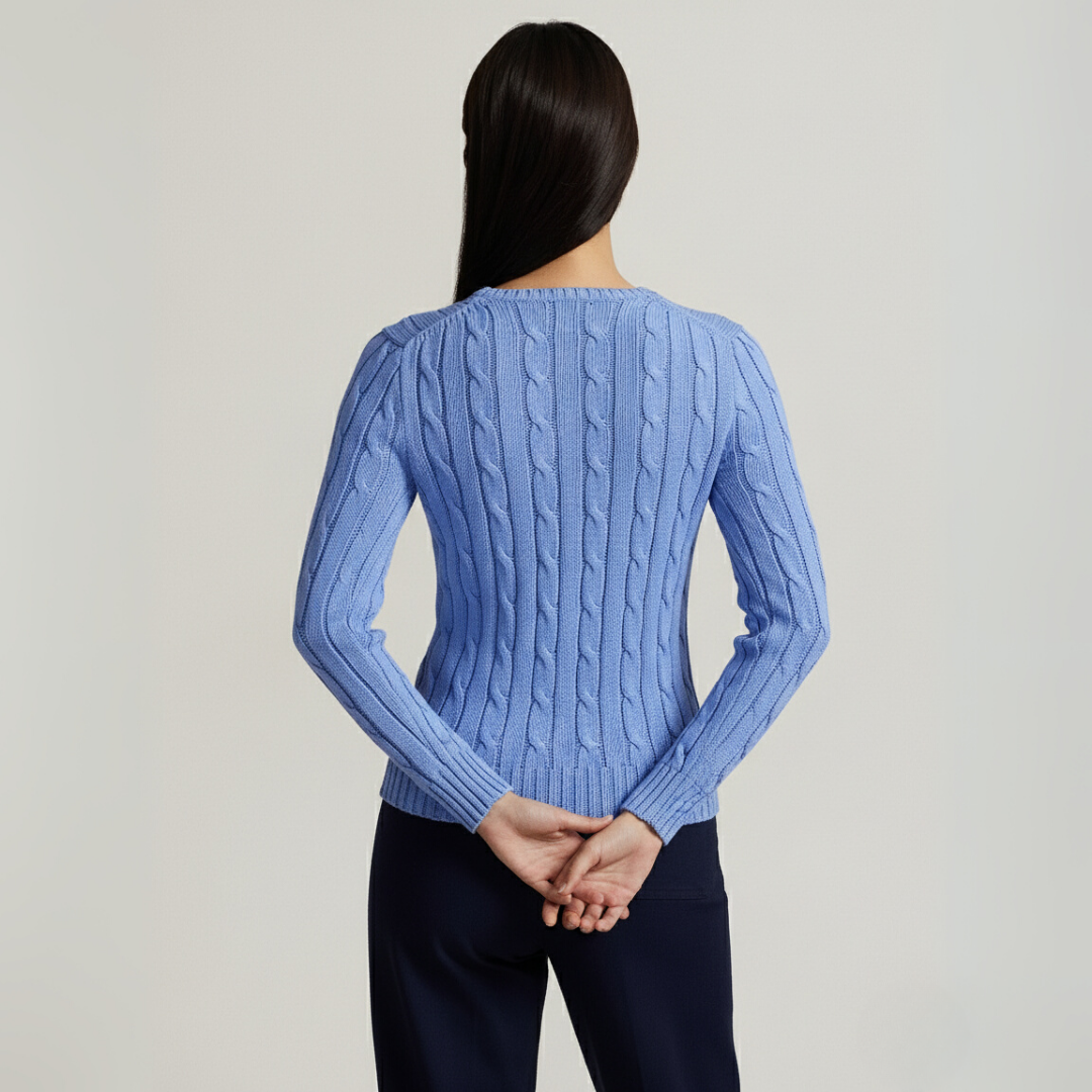 Zopfmuster-Baumwollpullover mit Rundhalsausschnitt