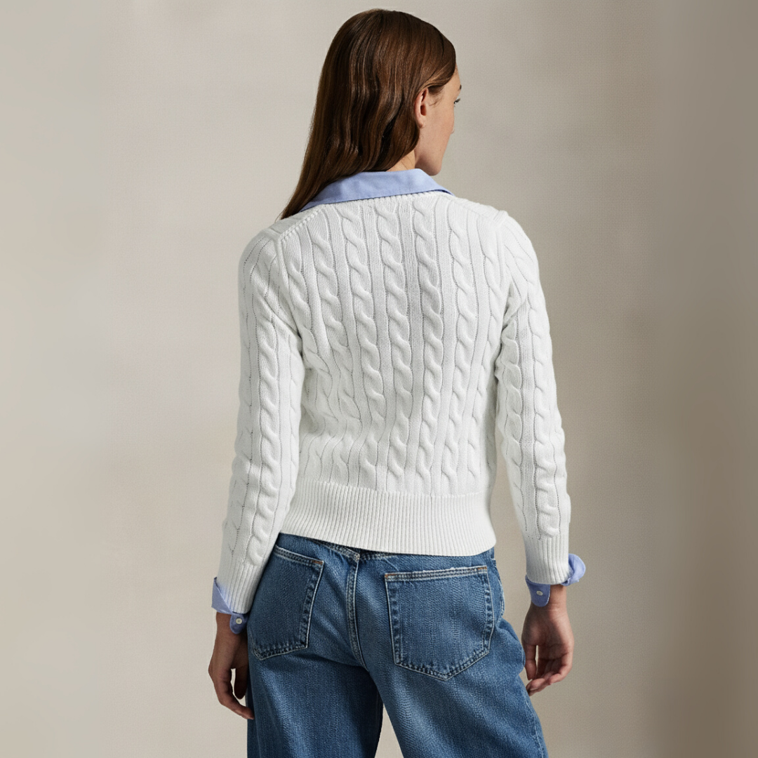 Zopfmuster-Baumwoll-Cardigan mit Rundhalsausschnitt