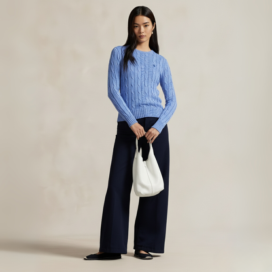 Zopfmuster-Baumwollpullover mit Rundhalsausschnitt