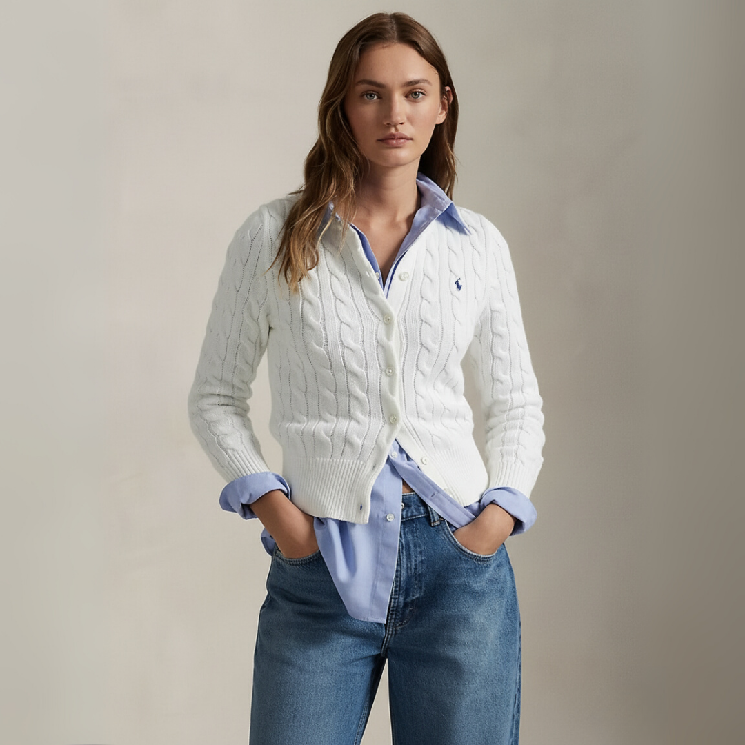 Zopfmuster-Baumwoll-Cardigan mit Rundhalsausschnitt