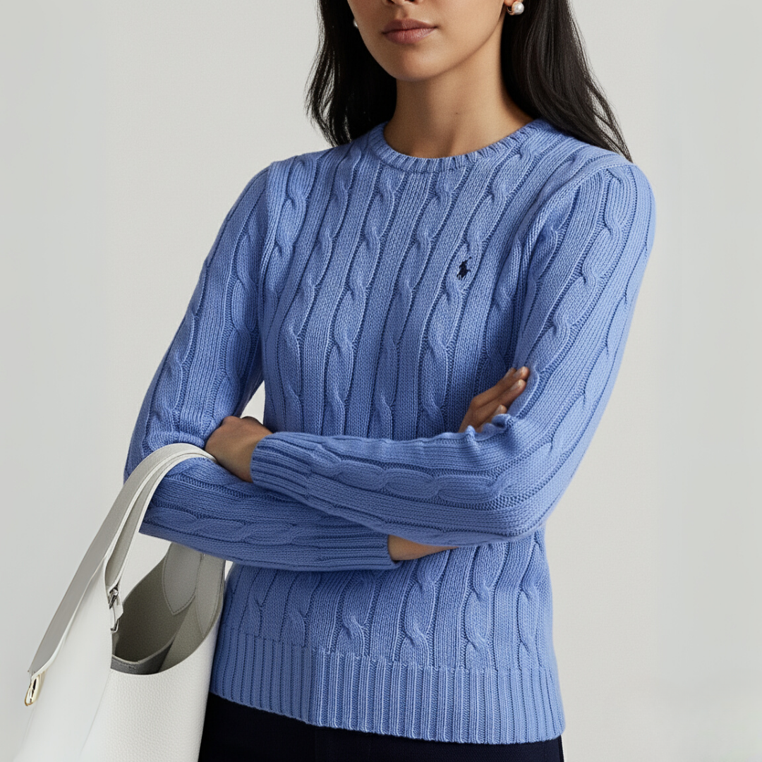 Zopfmuster-Baumwollpullover mit Rundhalsausschnitt