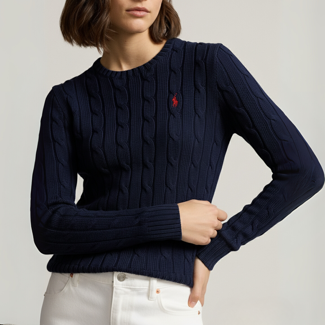 Zopfmuster-Baumwollpullover mit Rundhalsausschnitt