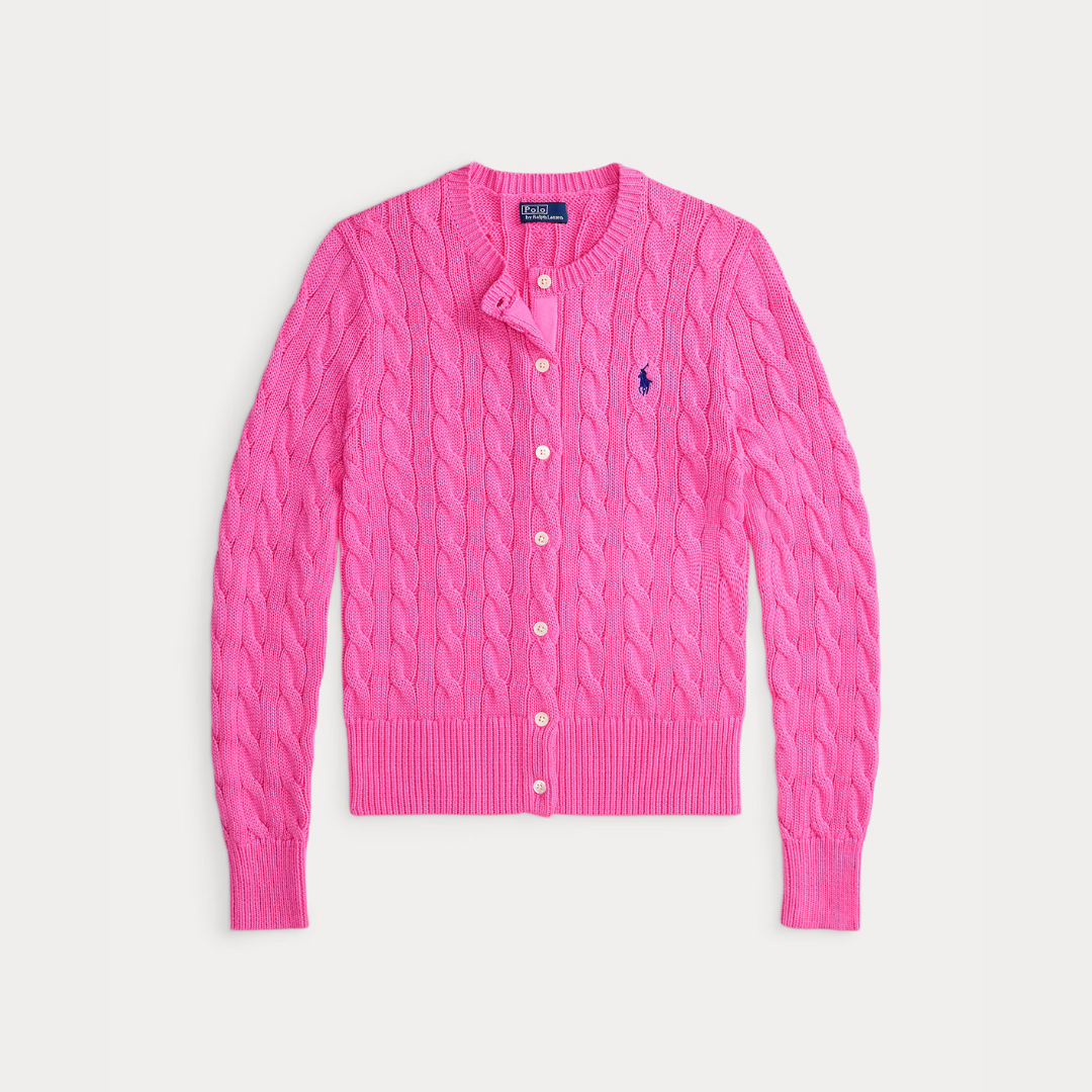 Zopfmuster-Baumwoll-Cardigan mit Rundhalsausschnitt