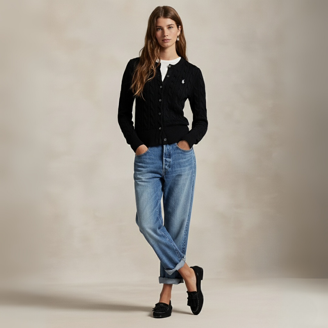 Zopfmuster-Baumwoll-Cardigan mit Rundhalsausschnitt