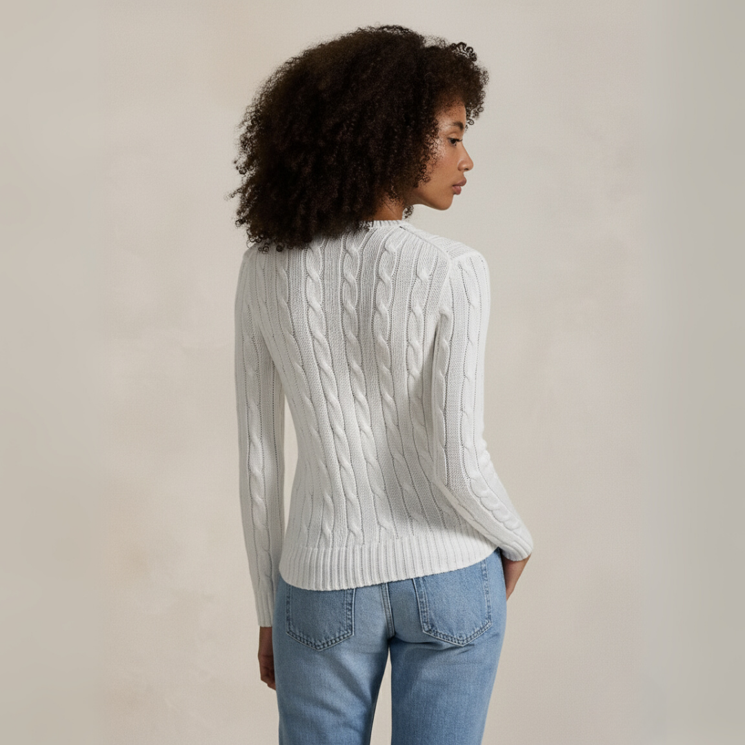 Zopfmuster-Baumwollpullover mit Rundhalsausschnitt