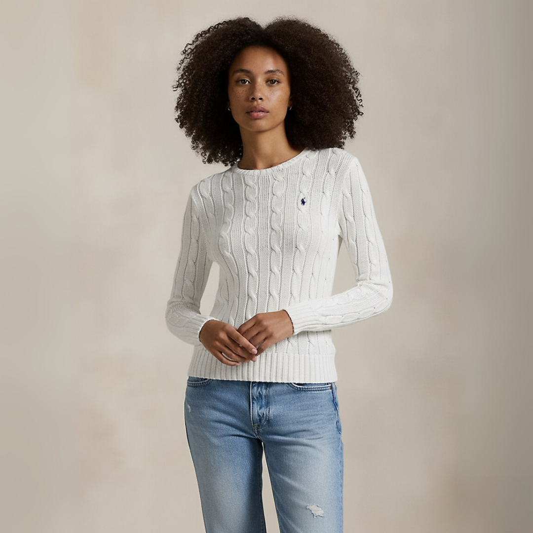 Zopfmuster-Baumwollpullover mit Rundhalsausschnitt