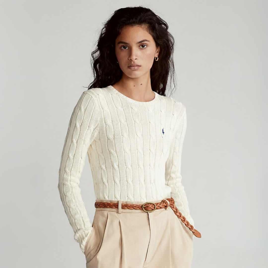 Zopfmuster-Baumwollpullover mit Rundhalsausschnitt