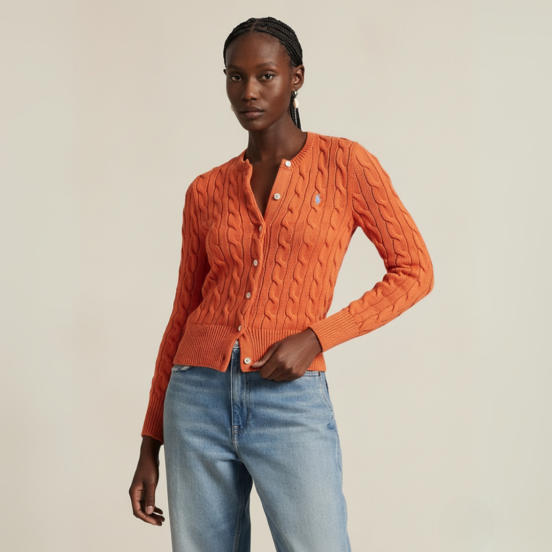 Zopfmuster-Baumwoll-Cardigan mit Rundhalsausschnitt