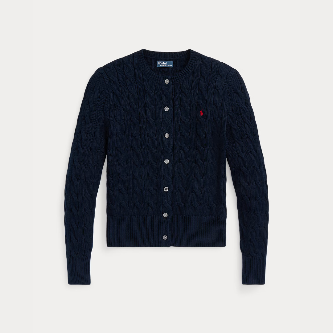 Zopfmuster-Baumwoll-Cardigan mit Rundhalsausschnitt