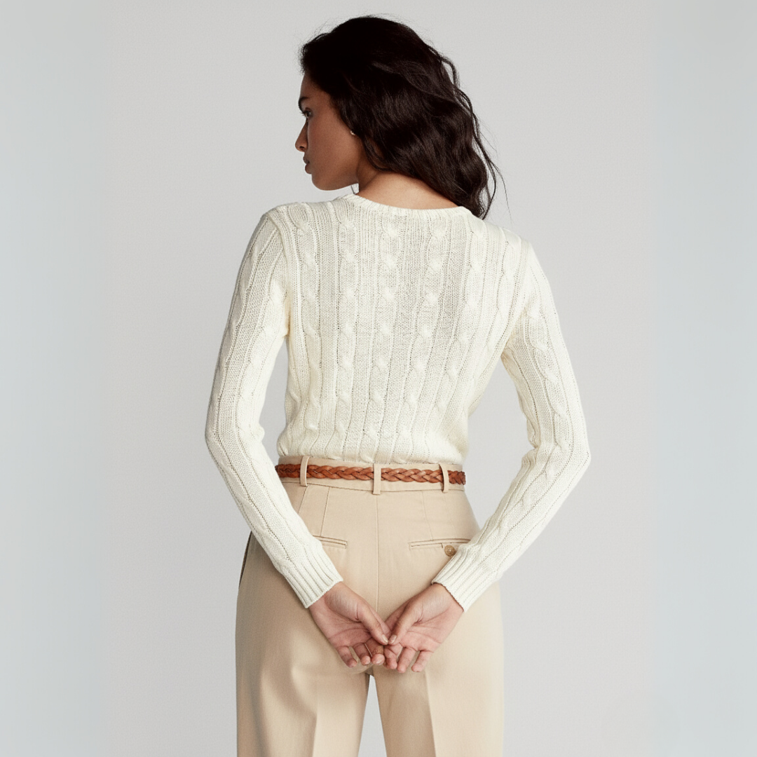 Zopfmuster-Baumwollpullover mit Rundhalsausschnitt