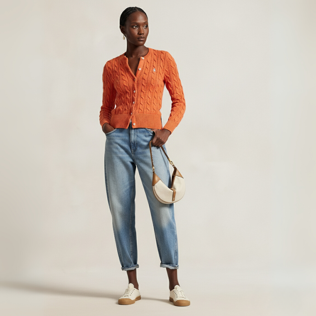 Zopfmuster-Baumwoll-Cardigan mit Rundhalsausschnitt