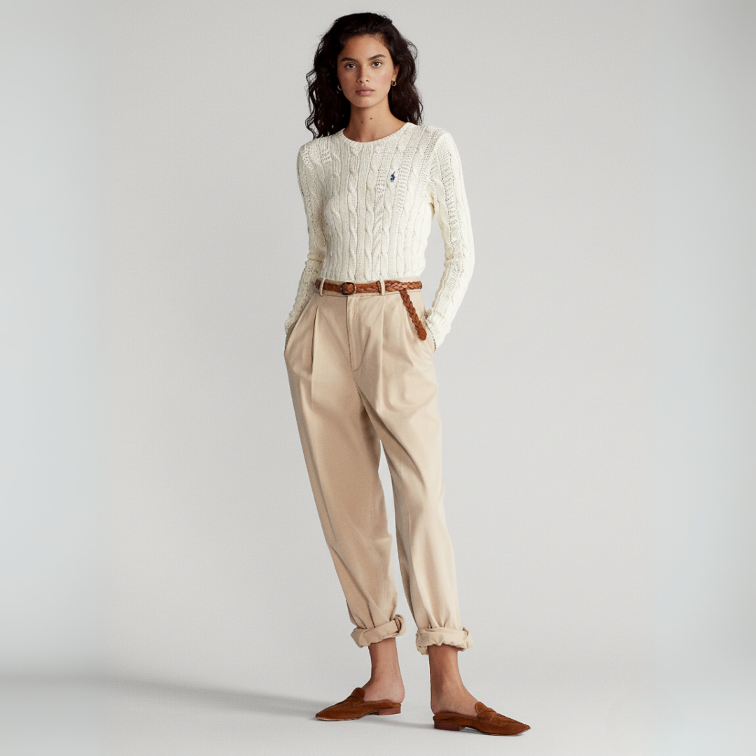 Zopfmuster-Baumwollpullover mit Rundhalsausschnitt