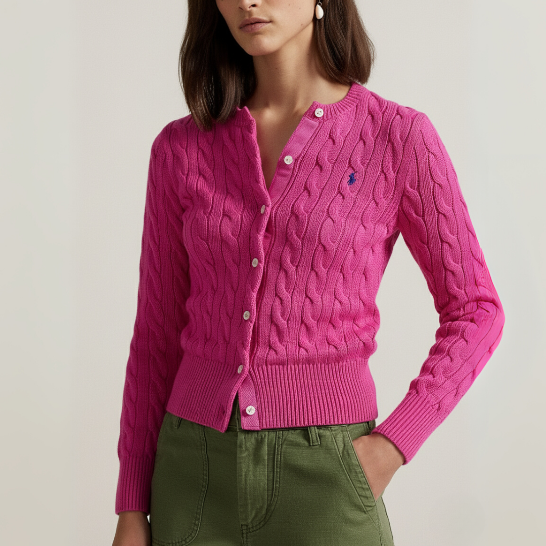 Zopfmuster-Baumwoll-Cardigan mit Rundhalsausschnitt