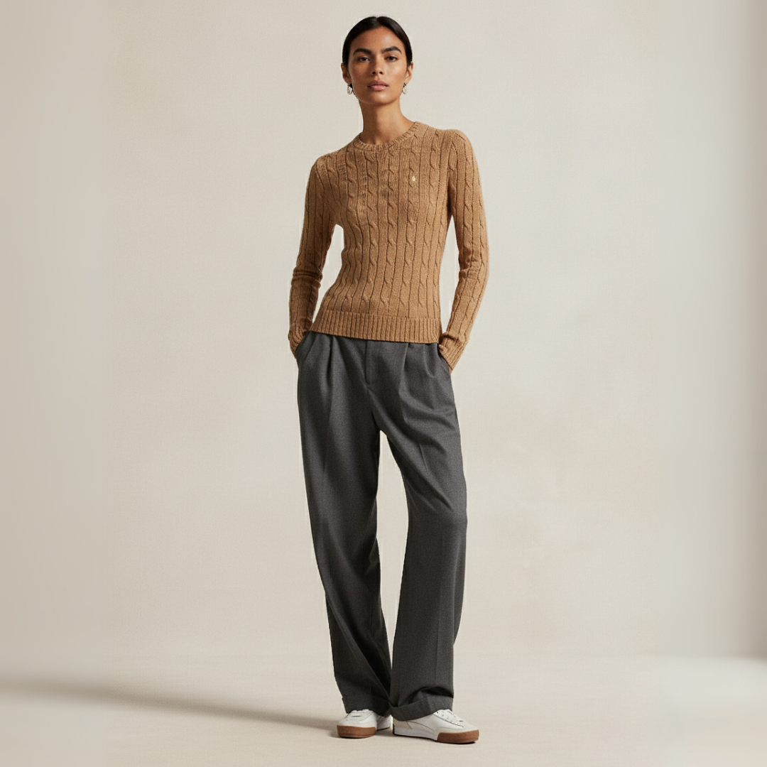 Zopfmuster-Baumwollpullover mit Rundhalsausschnitt