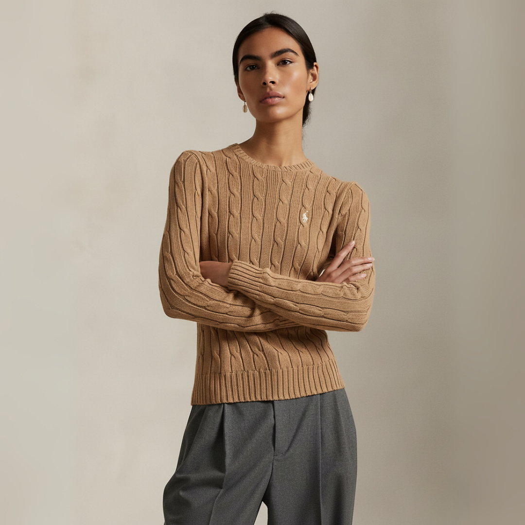 Zopfmuster-Baumwollpullover mit Rundhalsausschnitt