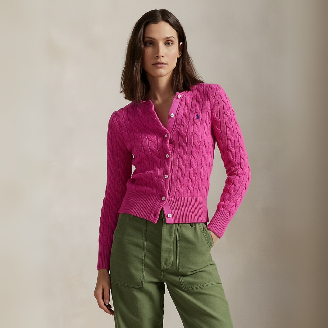 Zopfmuster-Baumwoll-Cardigan mit Rundhalsausschnitt