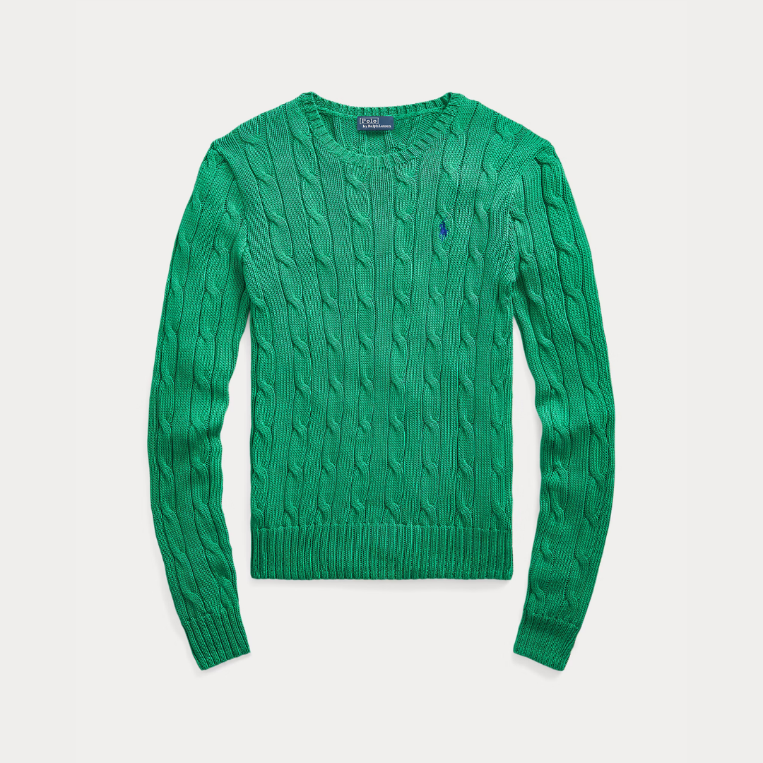 Zopfmuster-Baumwollpullover mit Rundhalsausschnitt