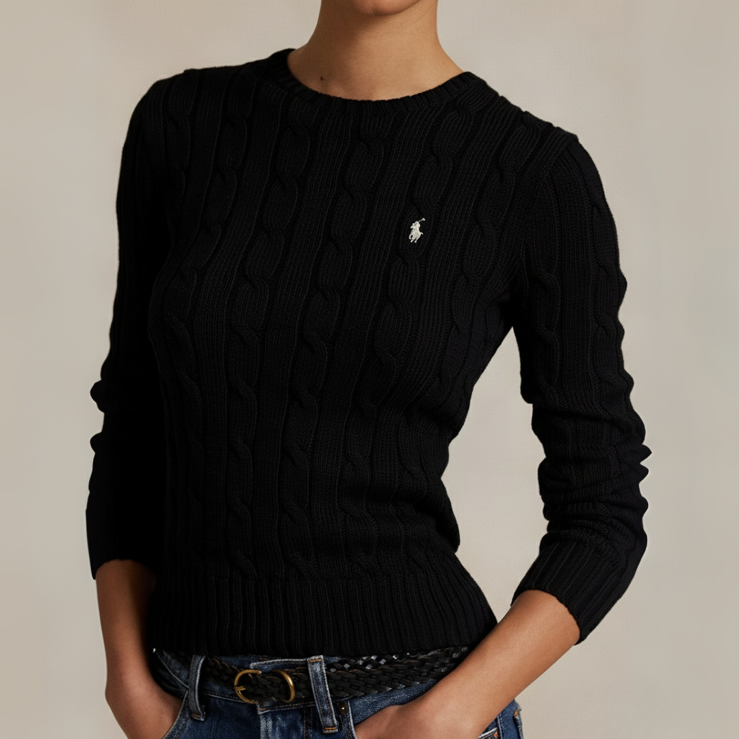 Zopfmuster-Baumwollpullover mit Rundhalsausschnitt