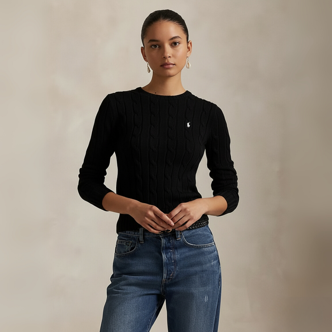 Zopfmuster-Baumwollpullover mit Rundhalsausschnitt