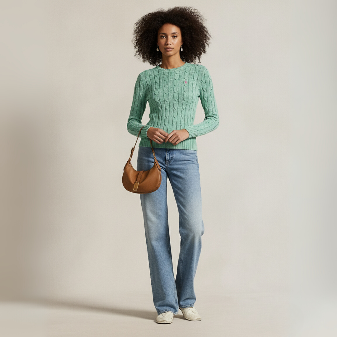 Zopfmuster-Baumwollpullover mit Rundhalsausschnitt