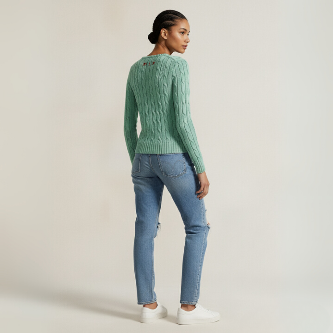 Zopfmuster-Baumwollpullover mit Rundhalsausschnitt