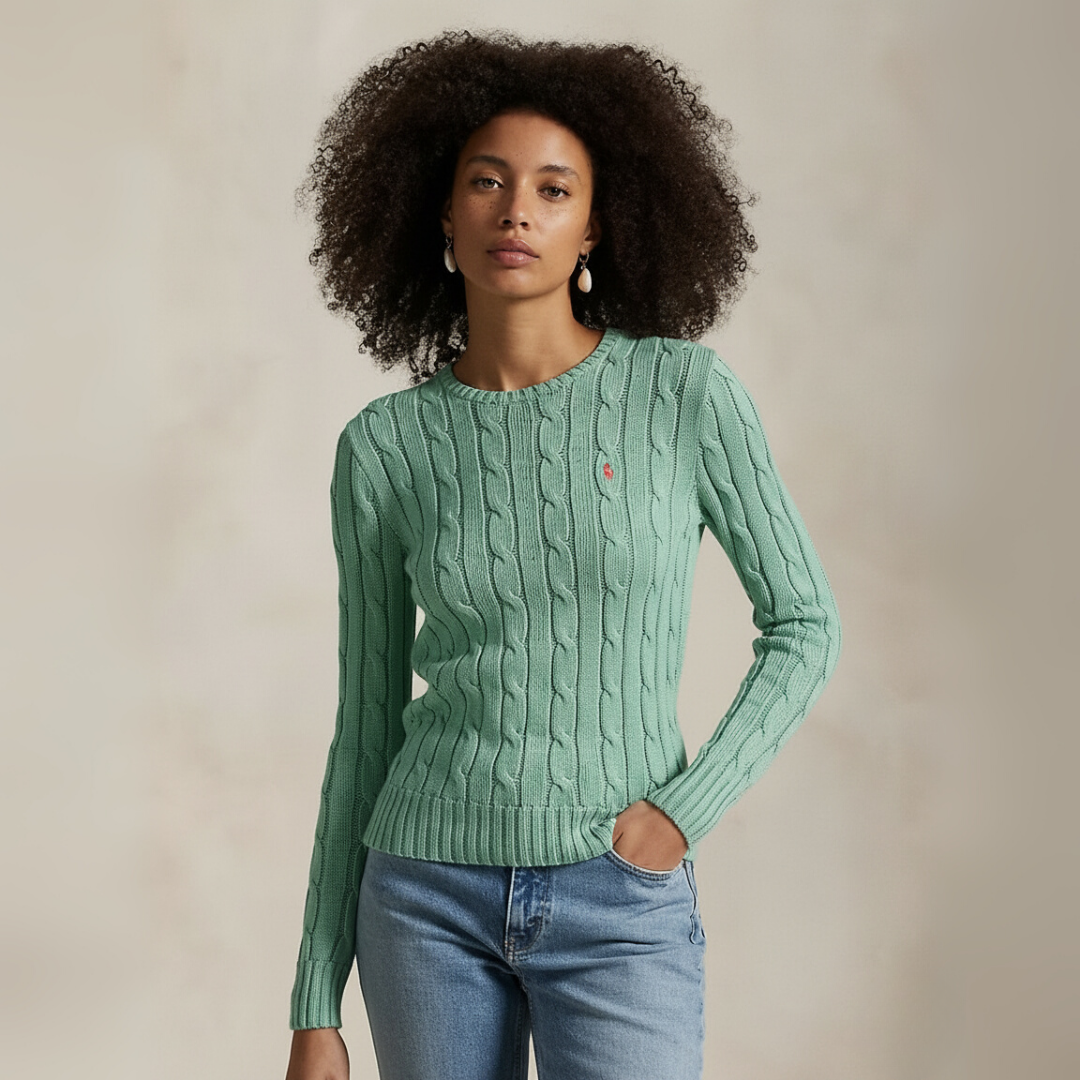 Zopfmuster-Baumwollpullover mit Rundhalsausschnitt