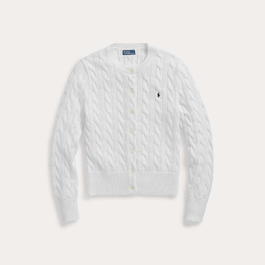 Zopfmuster-Baumwoll-Cardigan mit Rundhalsausschnitt