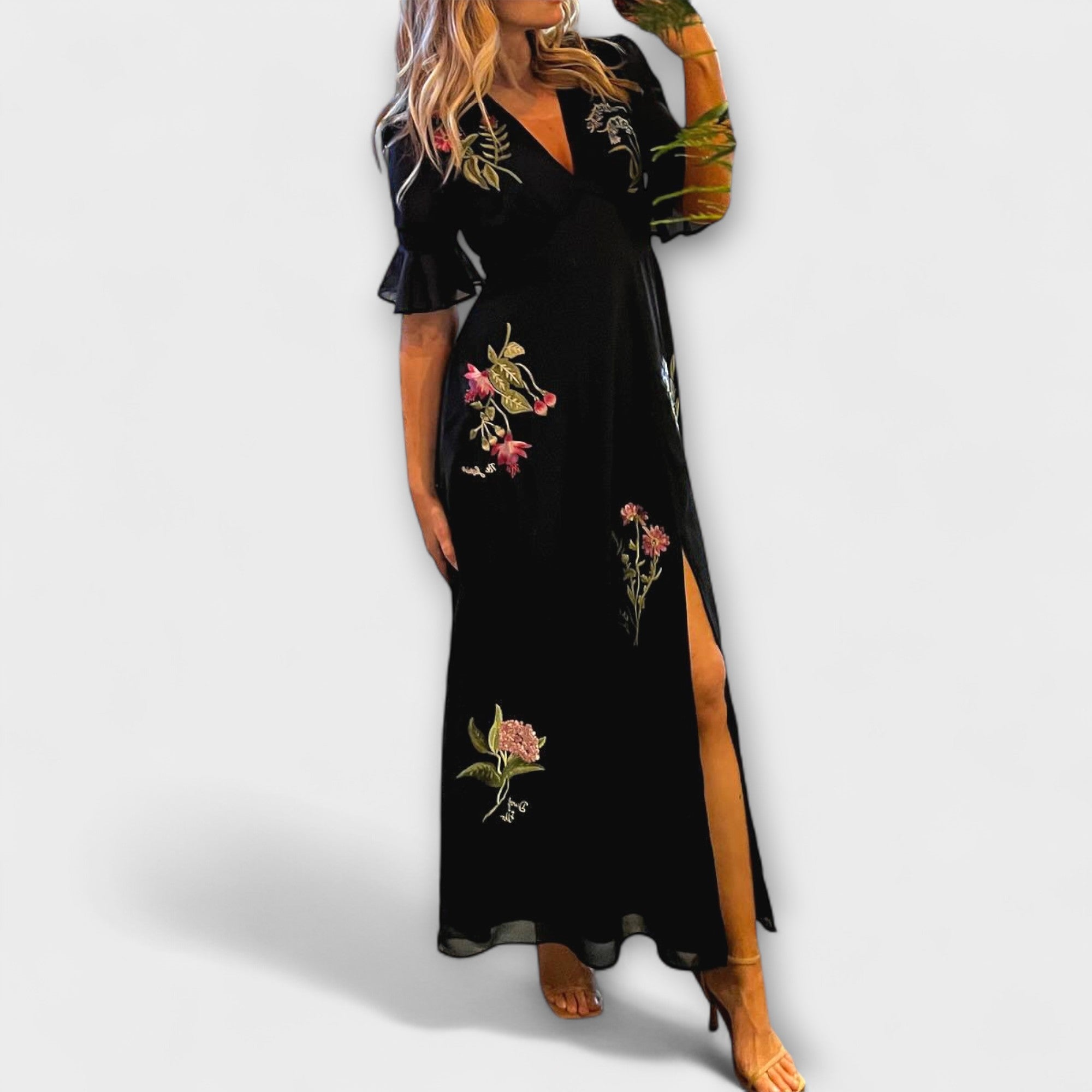 Beatrice - Elegantes Navy Blaues Kleid mit Floralstickerei