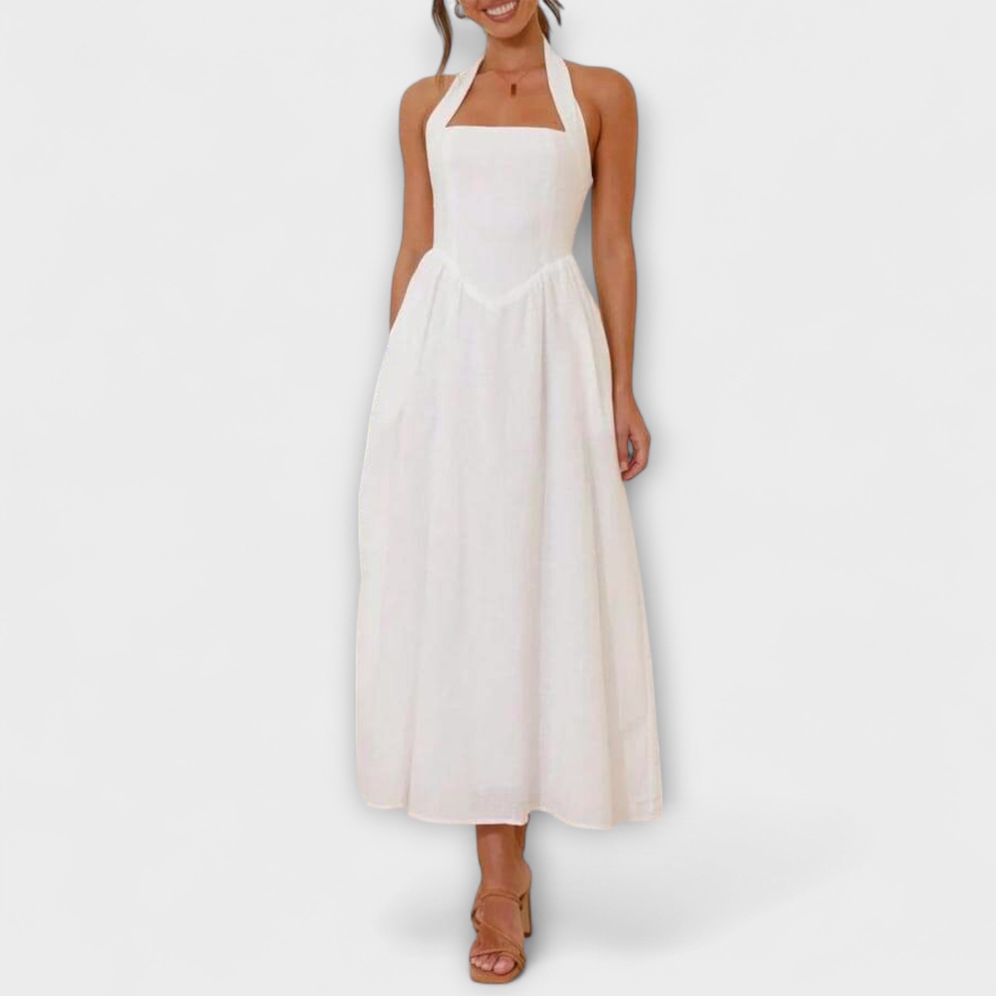 Lydia - Schwarzes Midikleid mit Halsband und Taillendetail