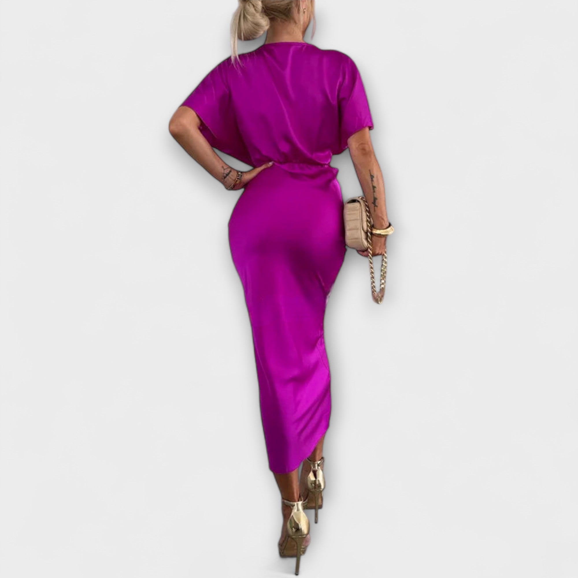 Sable - Elegantes Satin V-Ausschnitt Kreuzknoten Slim Fit Maxikleid