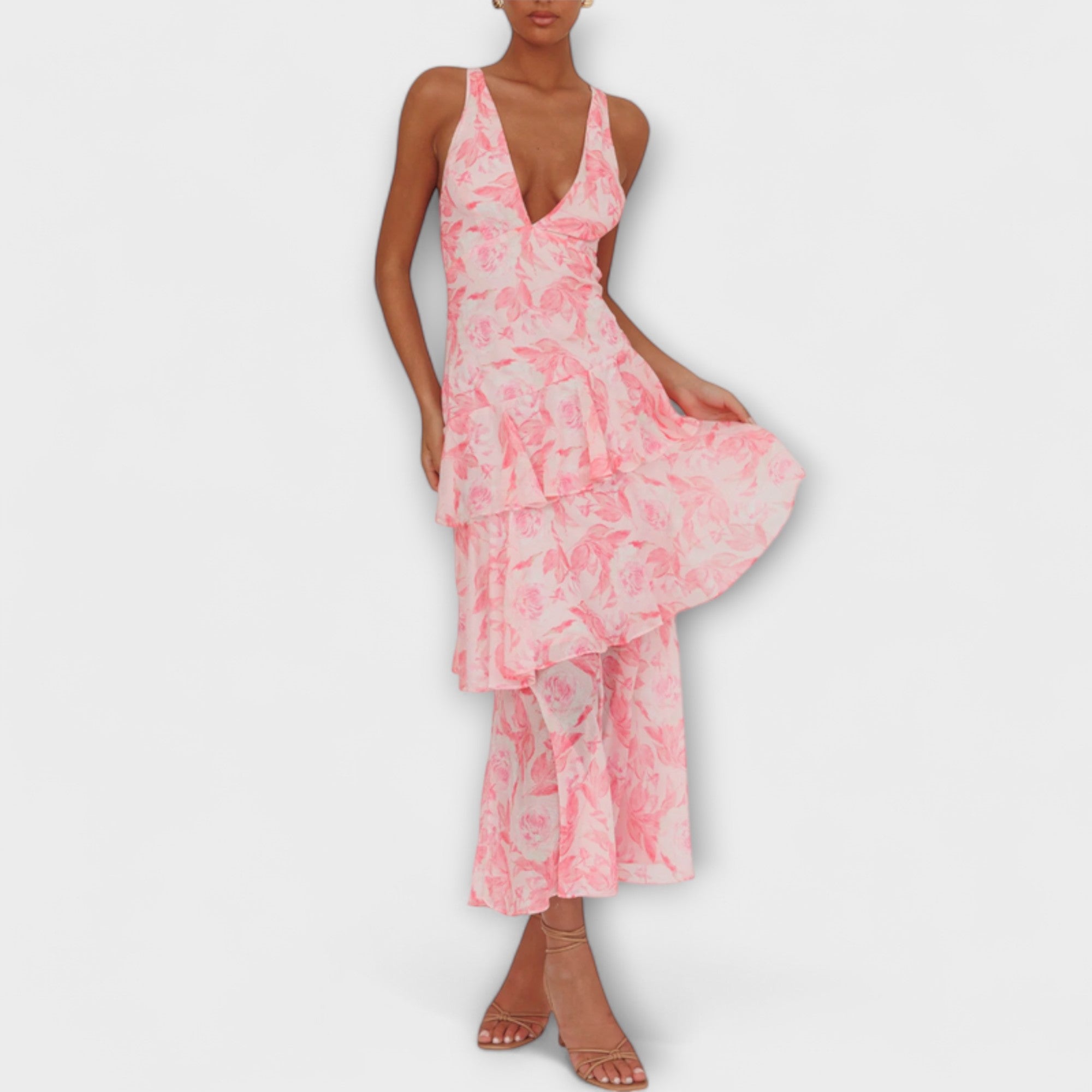 Domenica - Chiffonkleid mit V-Ausschnitt und fließenden Lagen