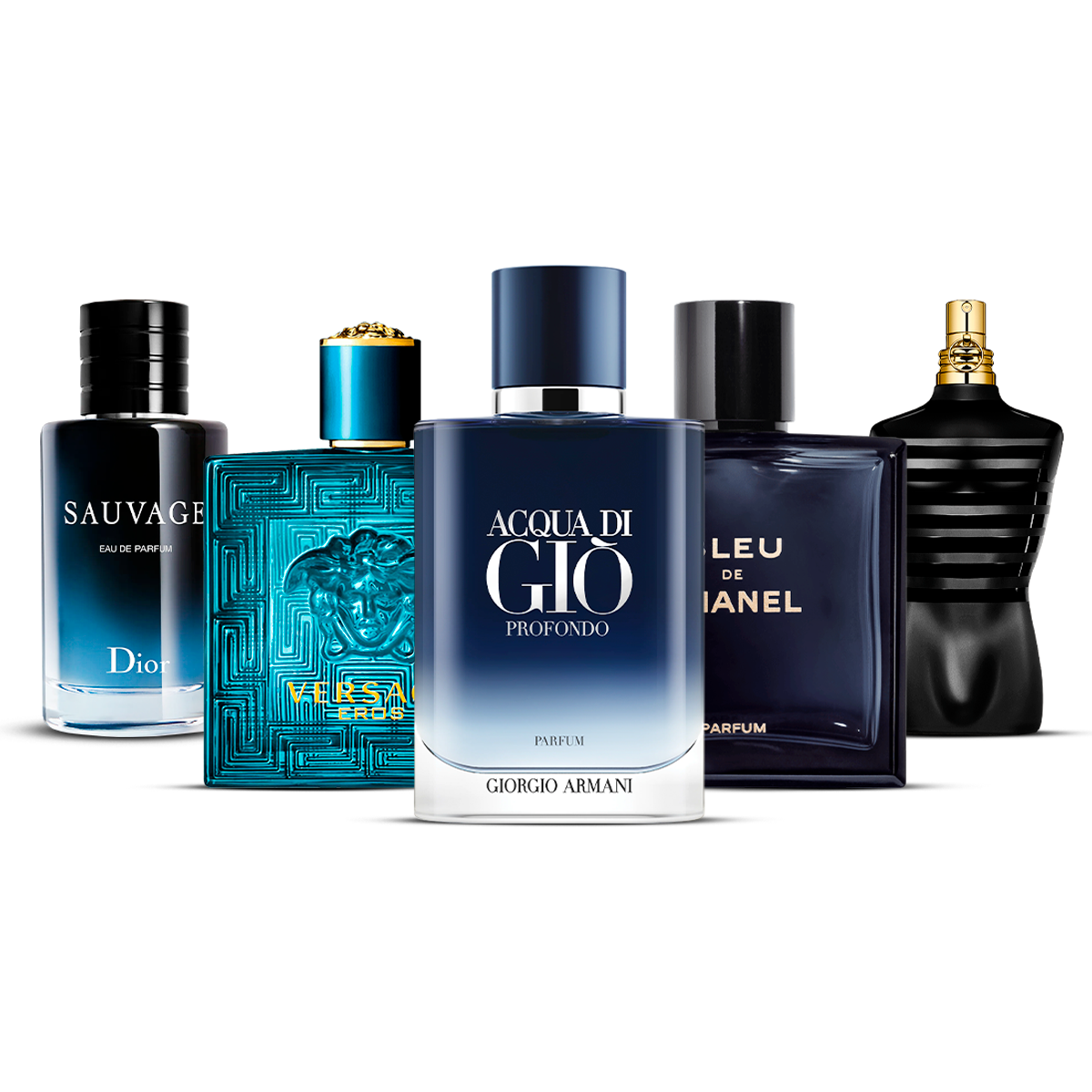 Kombination aus 5 Herrenparfums – Sauvage, Versace Eros, Acqua di Giò Profondo, Bleu de Chanel und Le Male [100 ml jeweils]