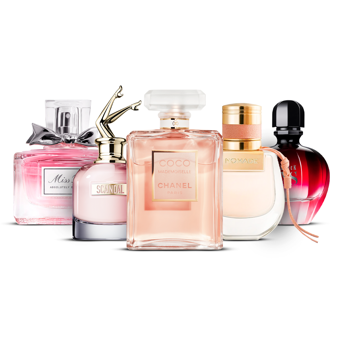 Kombination aus 5 Damenparfums - Miss Dior Absolutely Blooming, Scandal, Coco Mademoiselle, Nomade und Black XS [jeweils 100 ml]
