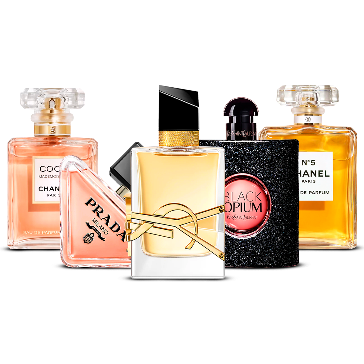 Kombination aus 5 Damenparfums – Coco Mademoiselle, Prada Paradoxe, Libre, Black Opium und Chanel N°5 [jeweils 100 ml]